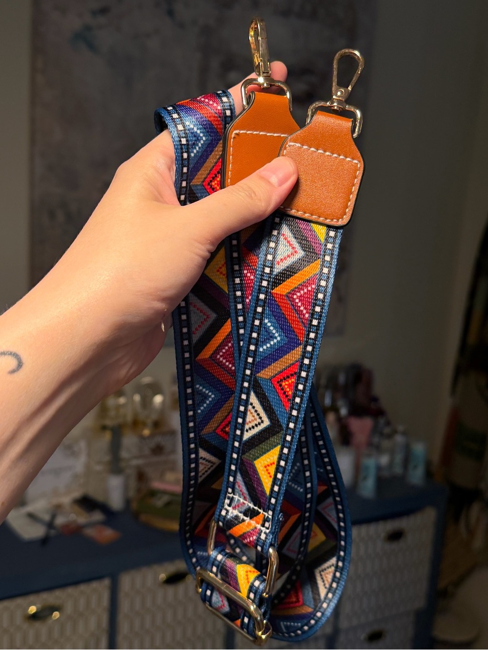 Source Unknown Navy Multicolor Geometric Phone Case Strap with Tan Leather Ends
